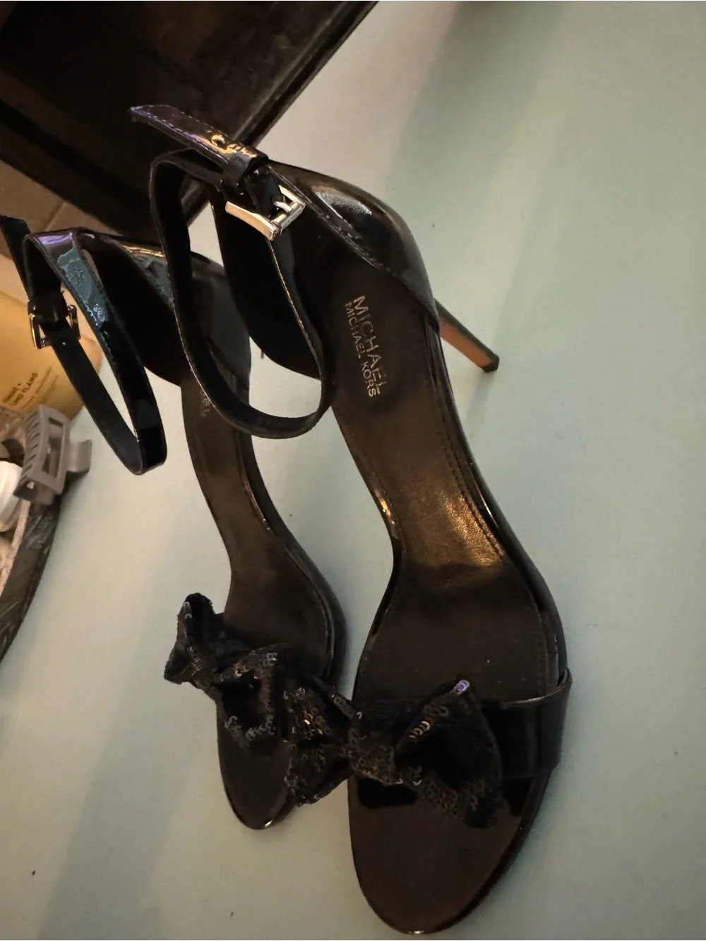 MICHAEL Michael Kors Black Sequin Bow Ankle-Strap Heels Size 8